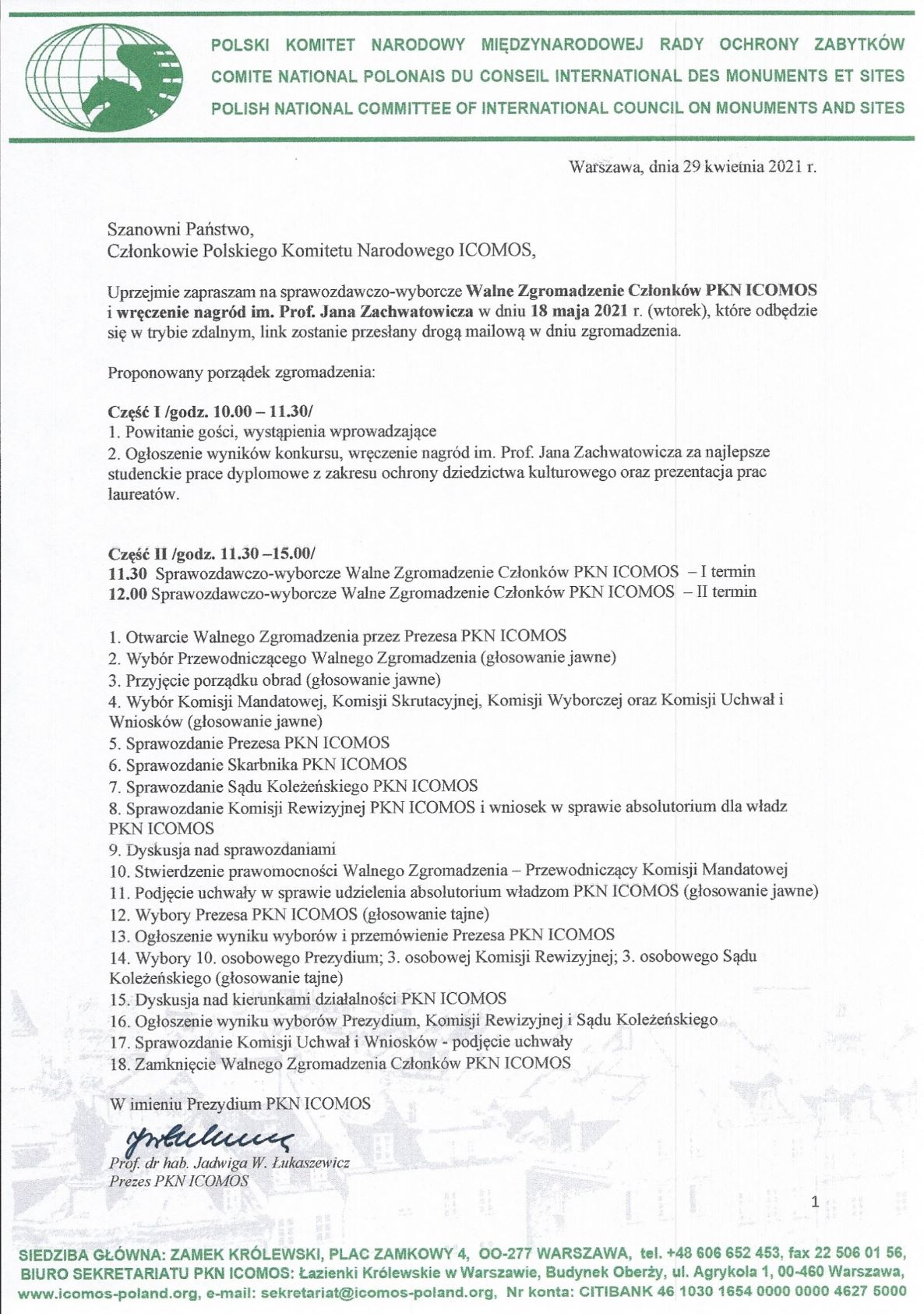 Program Walnego Zgromadzenia Członków PKN ICOMOS 2021